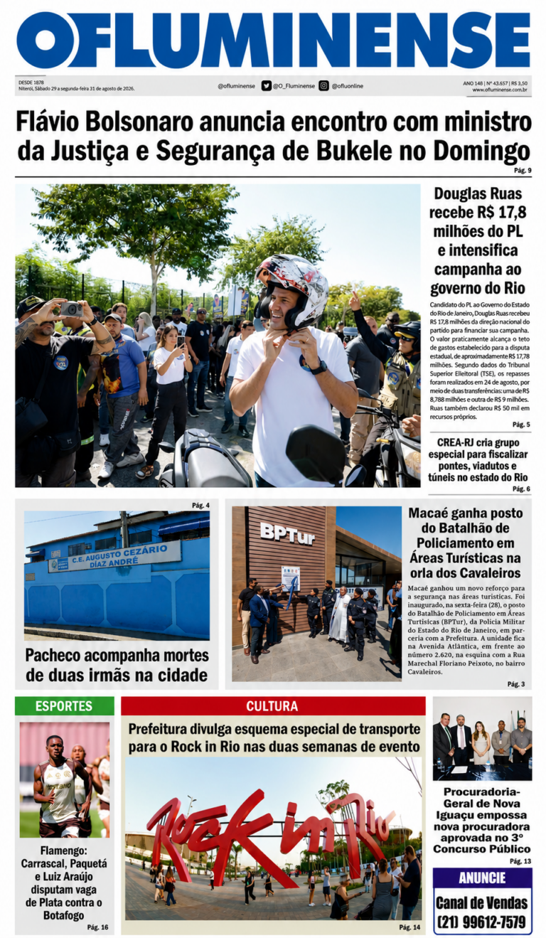 Capa da edição nº 43.657 de O FLUMINENSE, de 29 a 31 de agosto de 2026