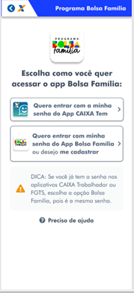 Tela do aplicativo Bolsa Família do Governo Federal