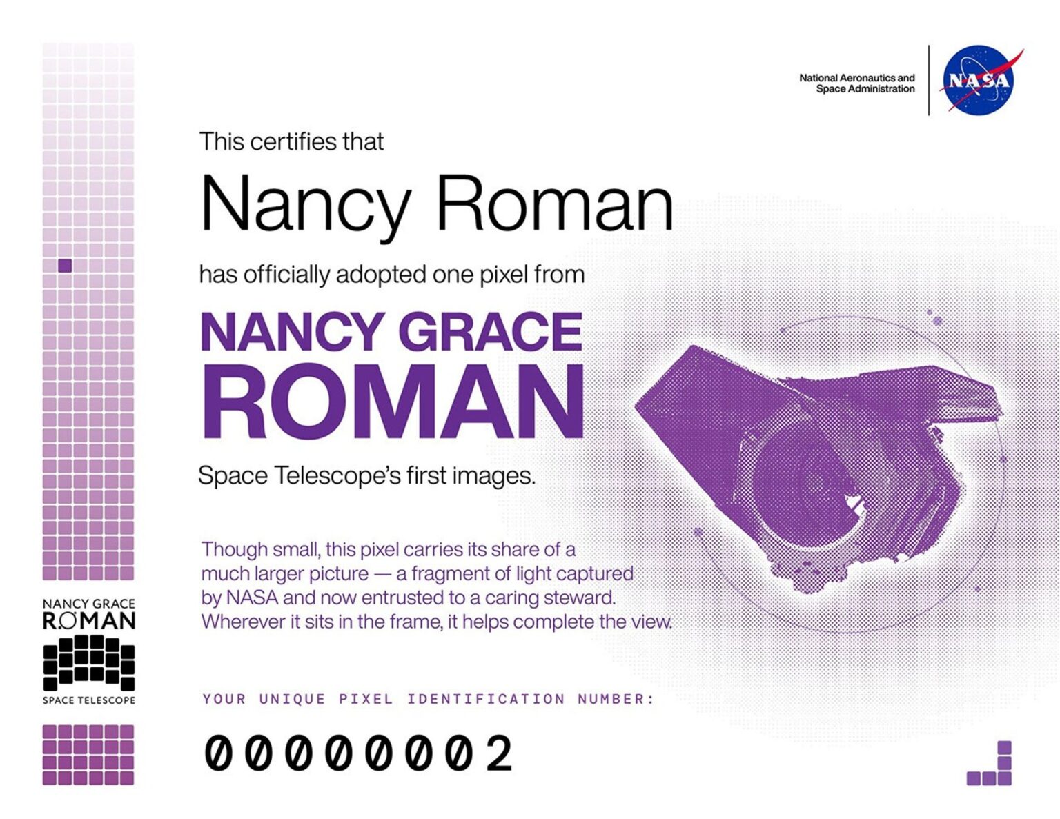 Certificado digital da campanha Adopt-a-Pixel da NASA para o telescópio Nancy Grace Roman