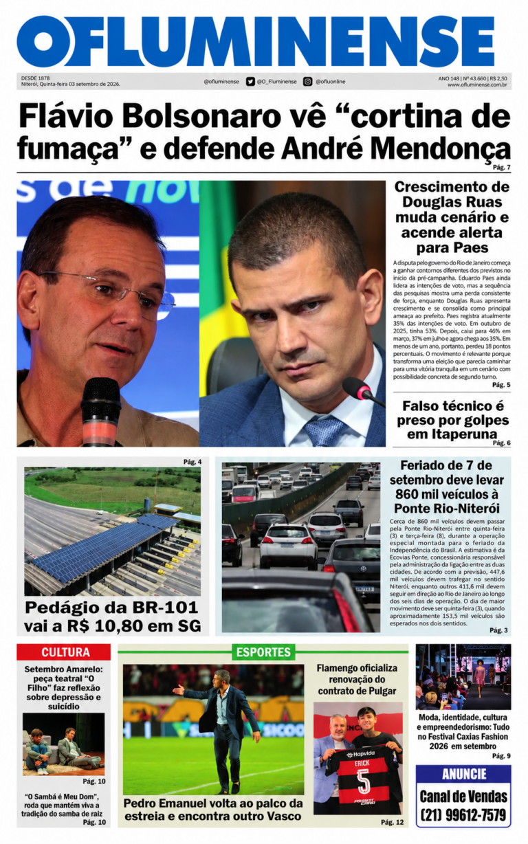 Capa da edição de O Fluminense de 3 de setembro de 2026