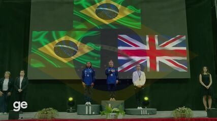 Pódio da final da trave na Copa do Mundo de Ginástica Artística