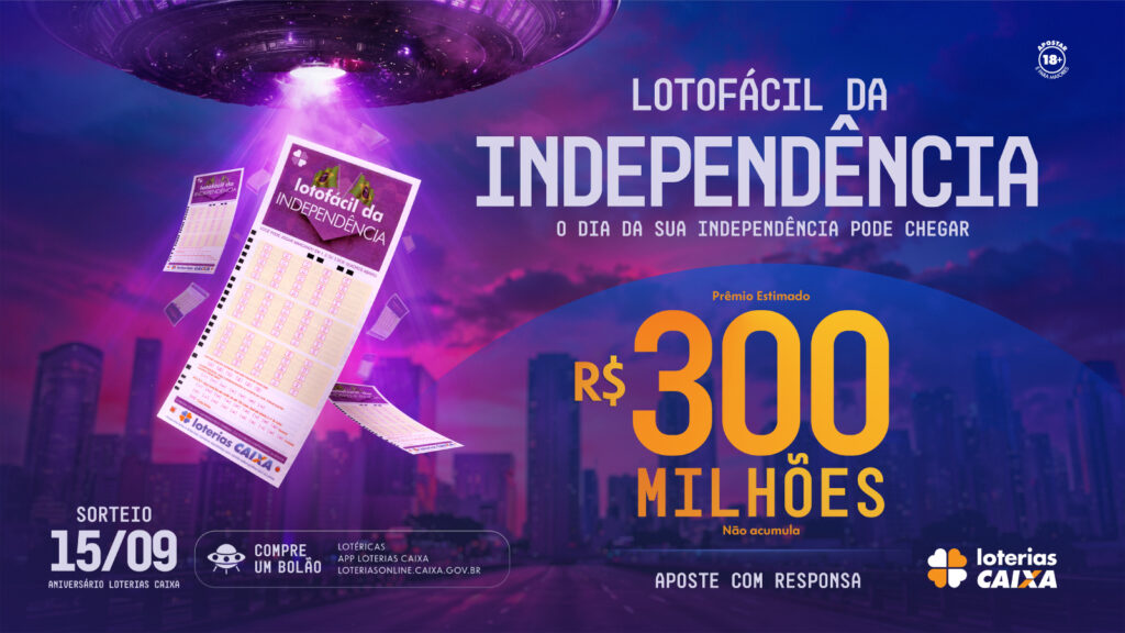 Arte oficial da Lotofácil da Independência 2026 com prêmio estimado em R$ 300 milhões