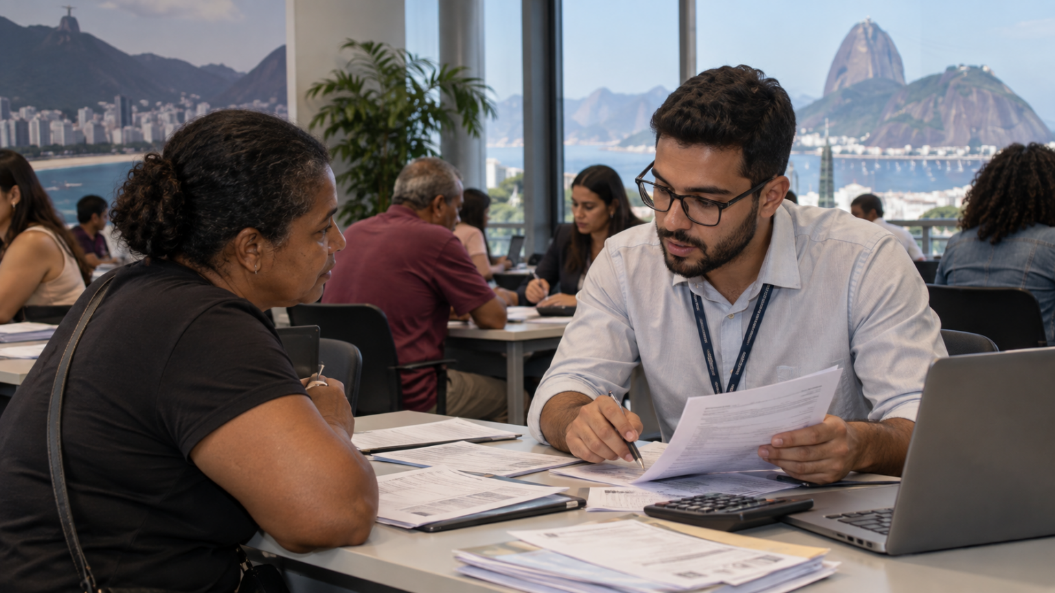 Atendimento de renegociação de dívidas com consumidora e atendente em mesa com documentos, calculadora e notebook