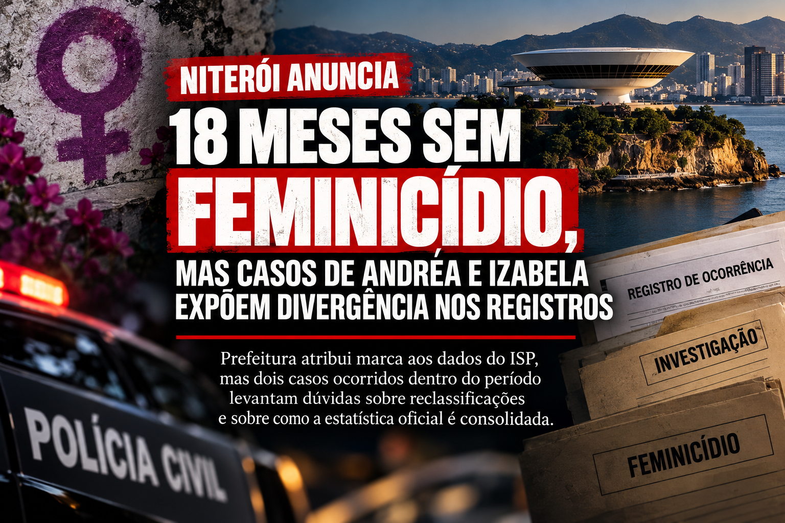 Foto: Gerada por IA Legenda: Prefeitura de Niterói afirma que o município completou 18 meses sem feminicídio com base nos dados do ISP. Casos ocorridos no período levantam questionamentos sobre classificação e eventual reclassificação dos registros.