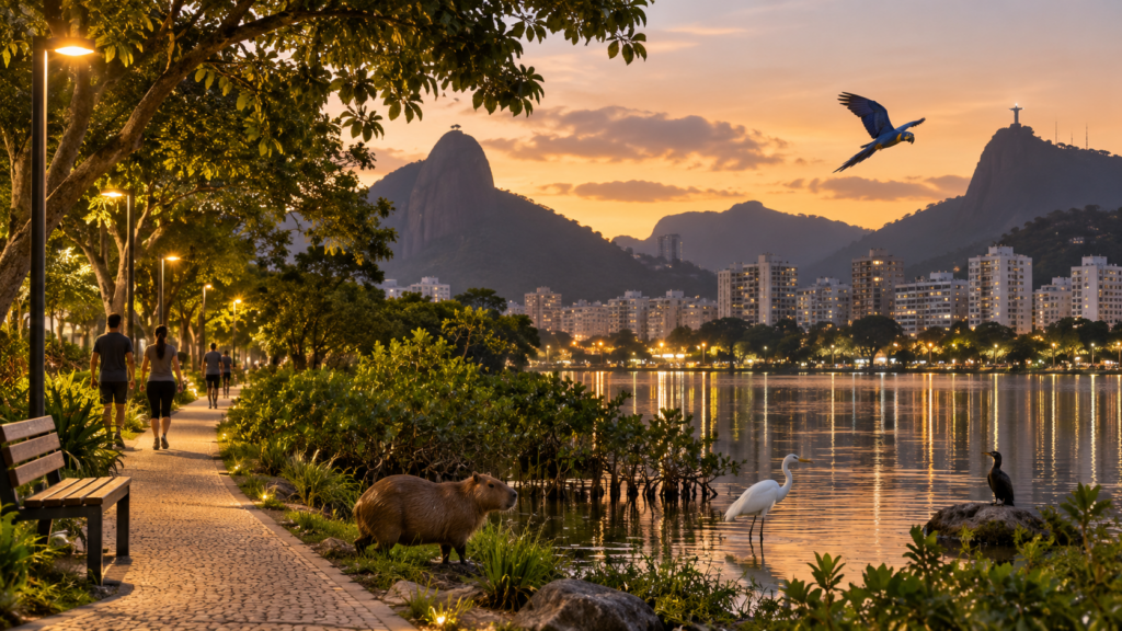 Lagoa Rodrigo de Freitas com fauna e área de convivência iluminada