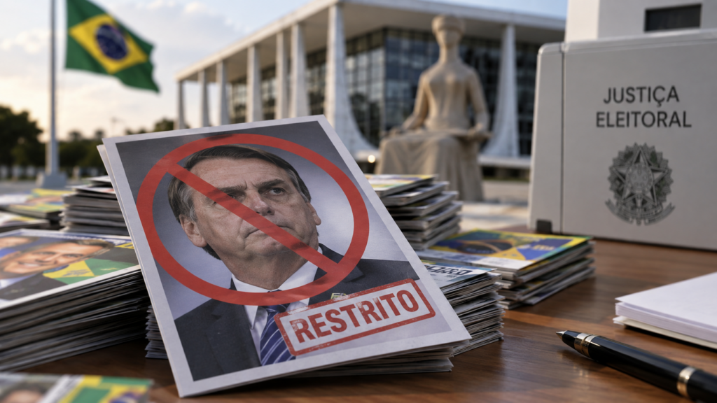 Material impresso de campanha com imagem de Jair Bolsonaro sob restrição da Justiça Eleitoral