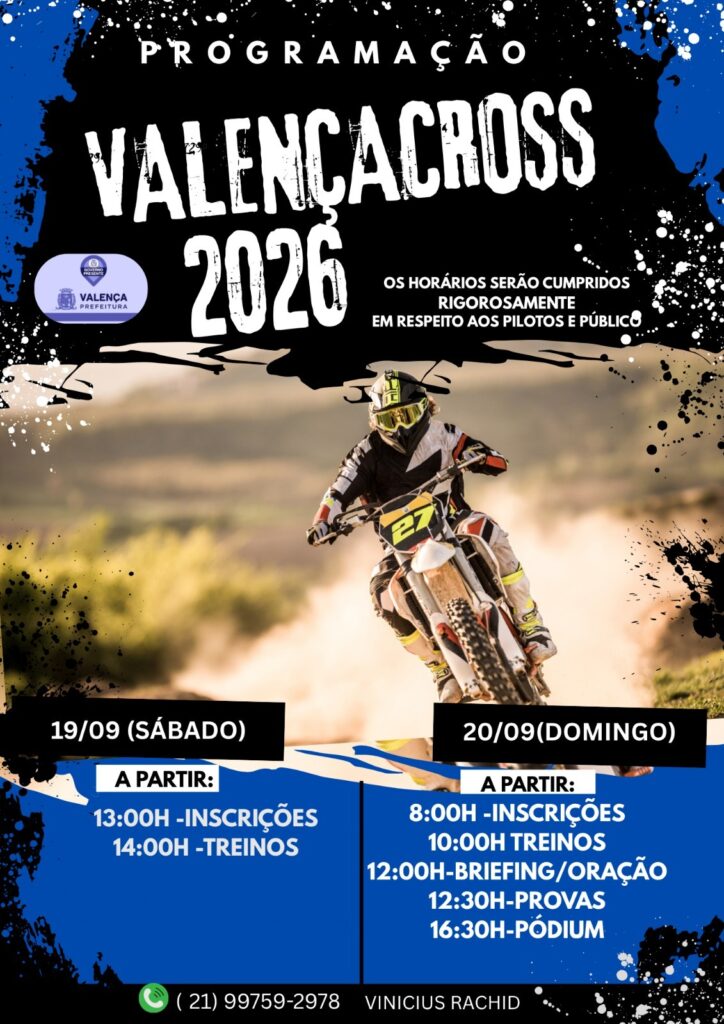 Arte de divulgação do ValençaCross 2026 com piloto de motocross e programação do evento