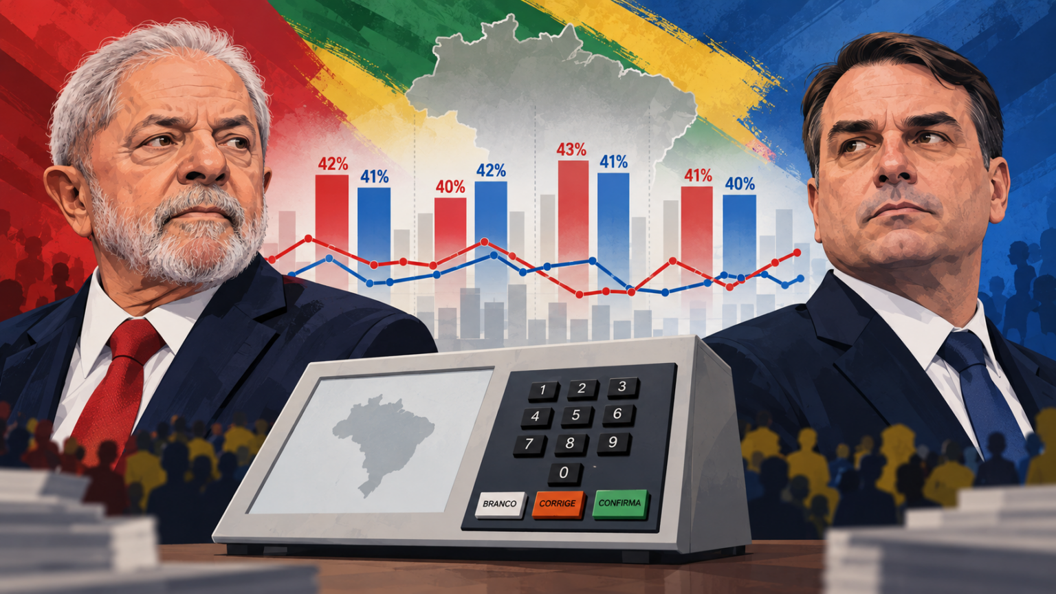 Ilustração sobre a disputa presidencial de 2026 entre Lula e Flávio Bolsonaro