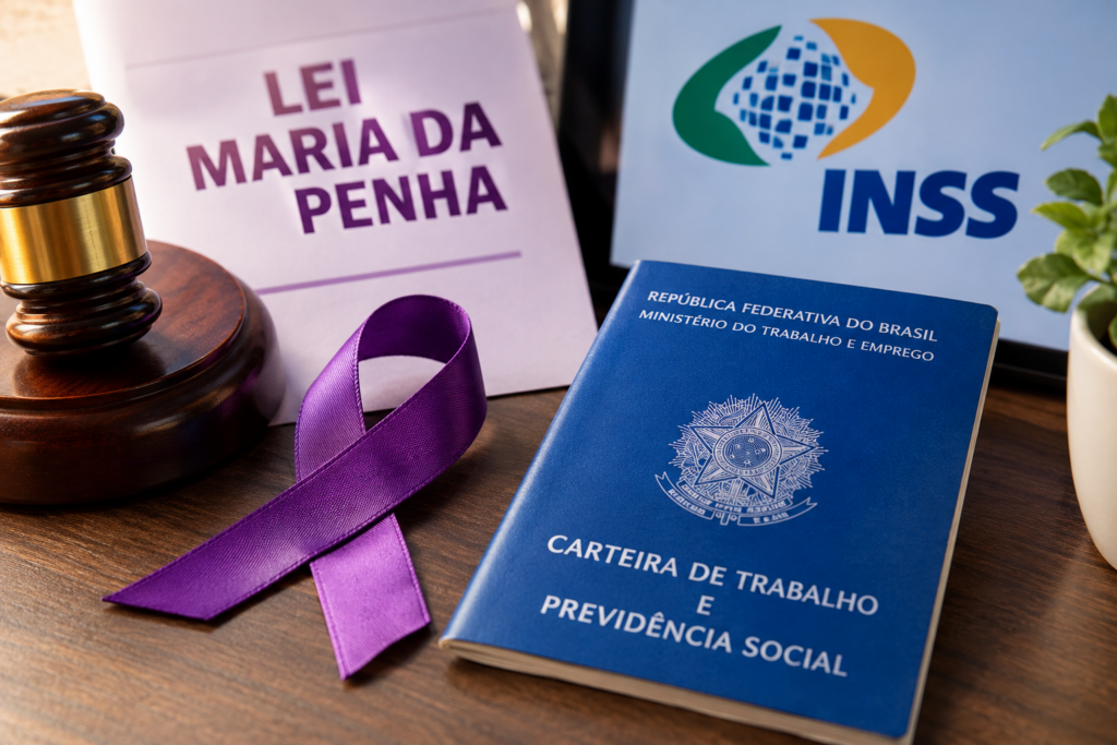 Laço roxo, martelo judicial e referências à Lei Maria da Penha e ao INSS em imagem ilustrativa sobre benefício previdenciário