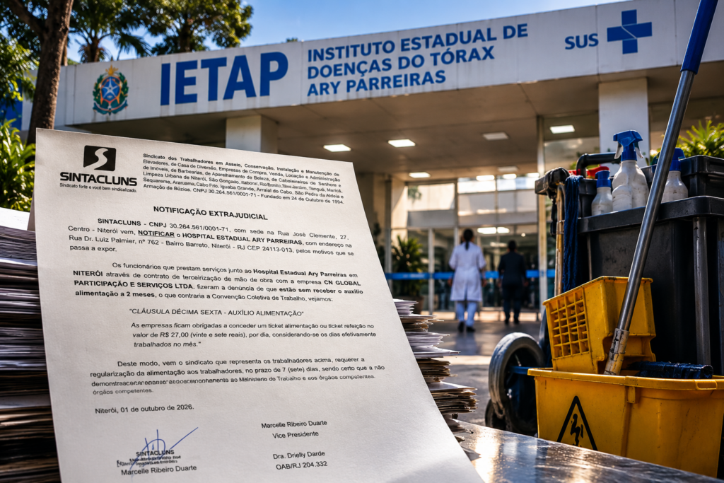 Montagem ilustrativa sobre denúncia de atrasos em salários e benefícios de terceirizados da limpeza do Hospital Ary Parreiras