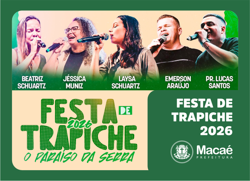 Arte de divulgação da Festa de Trapiche 2026 em Macaé